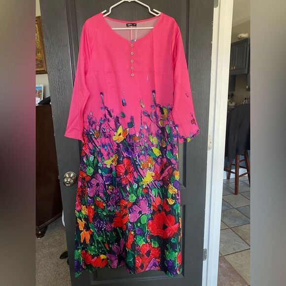 NewPink Sundress with Cuffed 3/4 Sleeves and Scoop Neck - Picture 1 of 4